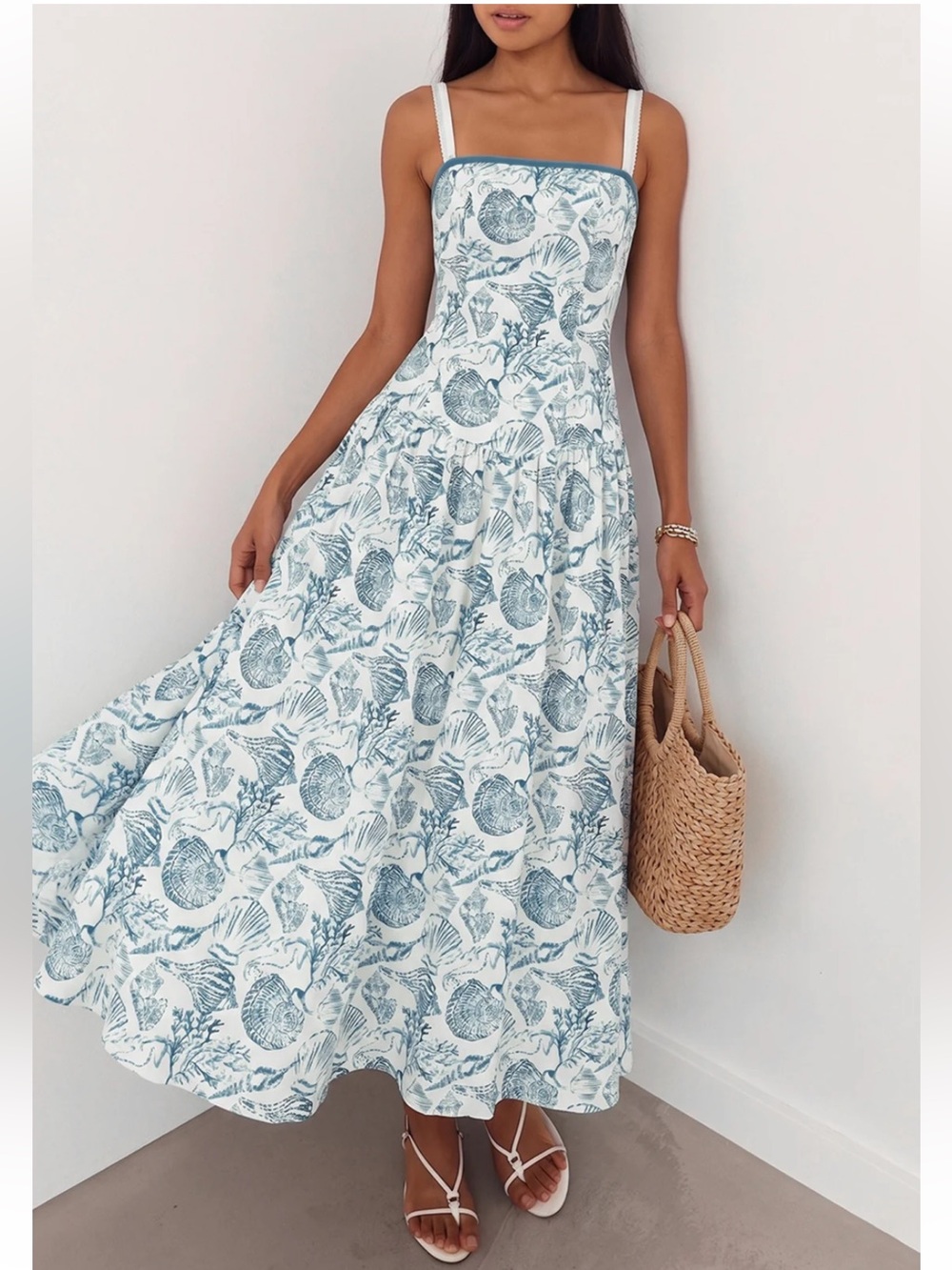 Commense Blue Shell-Print Maxi Sundress with Straps Medium